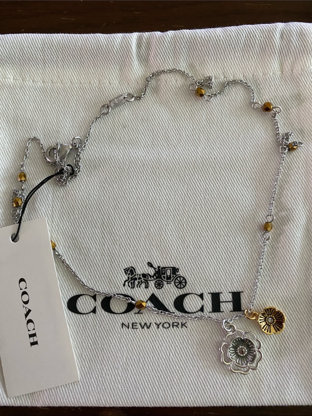 NWOT Coach Two-Tone Flower Pendant Necklace with Yellow Beads